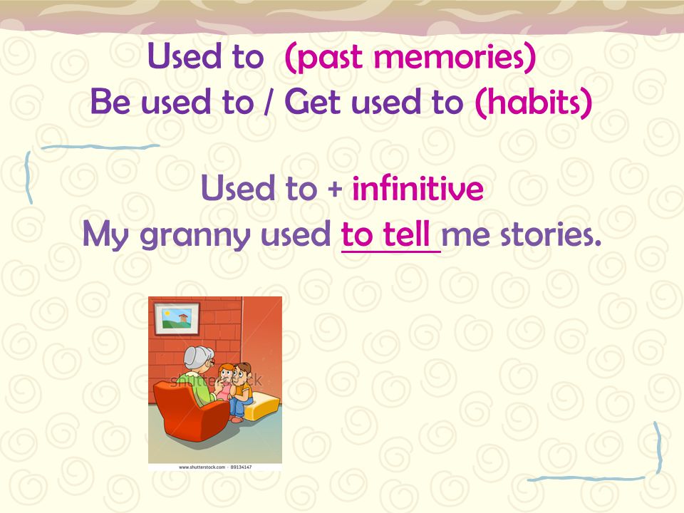 Used to (past memories) Be used to / Get used to (habits)