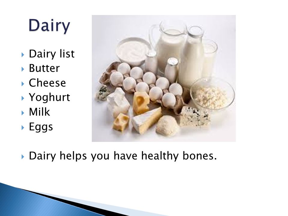 Dairy Dairy list Butter Cheese Yoghurt Milk Eggs