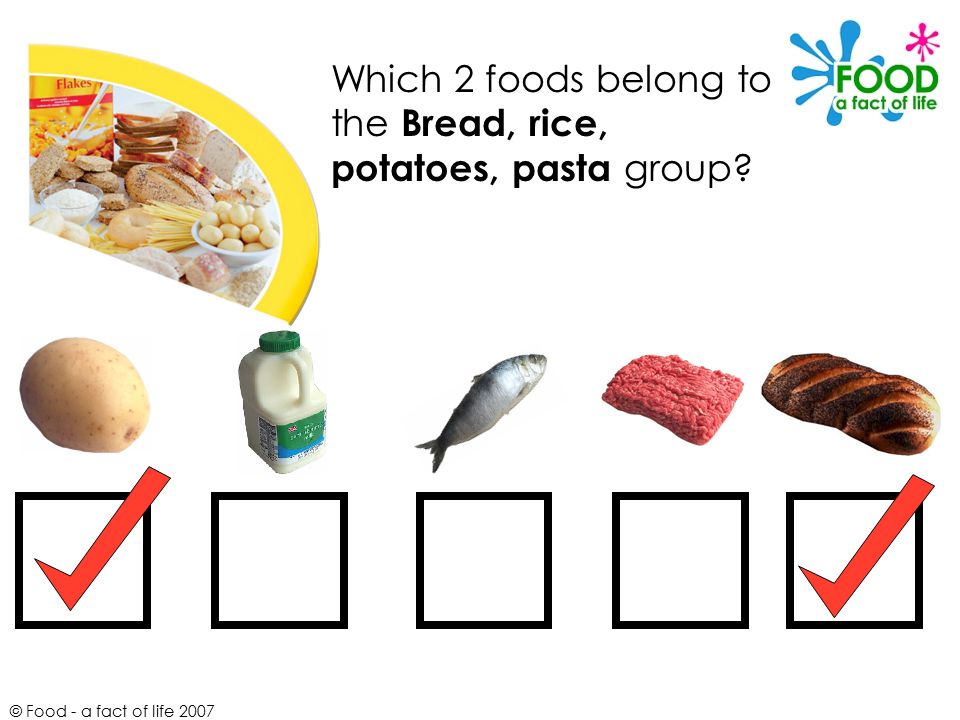 Which 2 foods belong to the Bread, rice, potatoes, pasta group