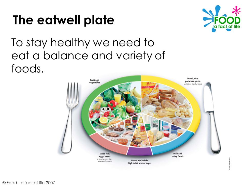 The eatwell plate To stay healthy we need to eat a balance and variety of foods.