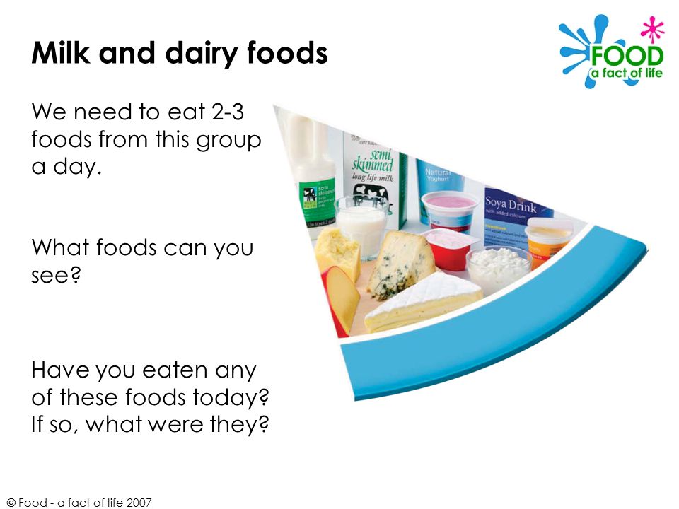 Milk and dairy foods We need to eat 2-3 foods from this group a day.