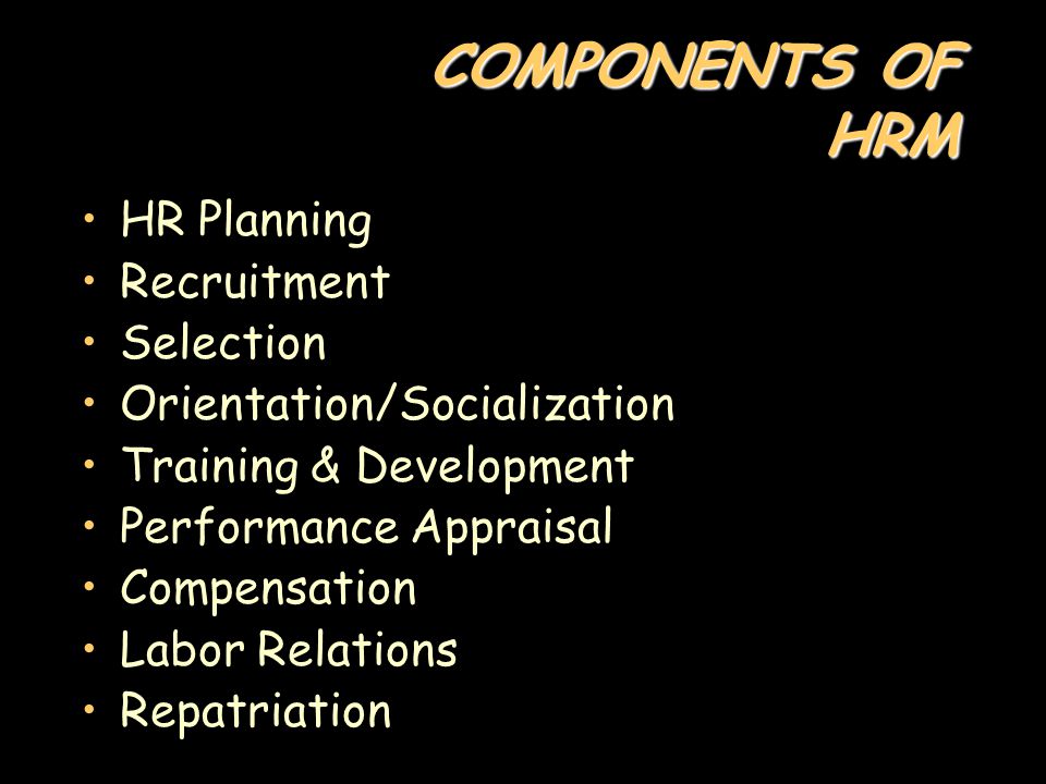 COMPONENTS OF HRM HR Planning Recruitment Selection