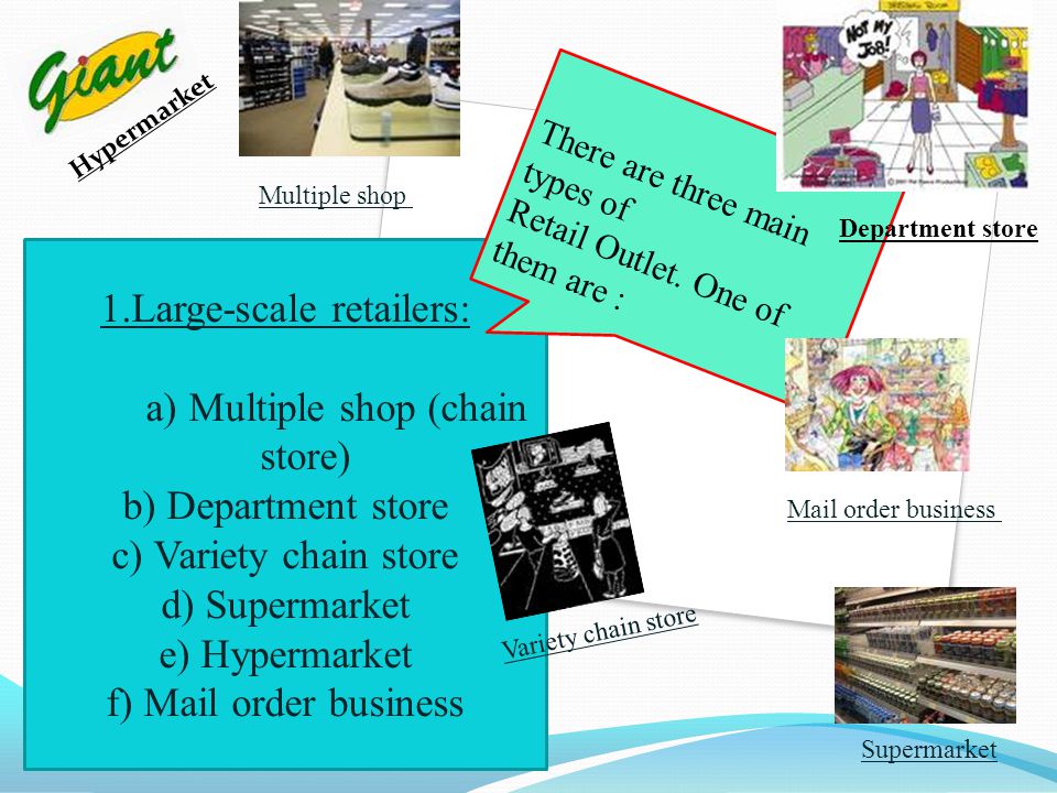 1.Large-scale retailers: a) Multiple shop (chain store)