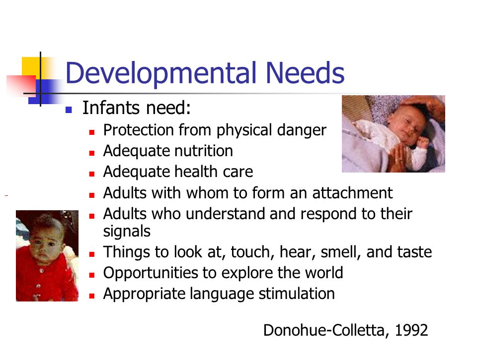 Developmental Needs Infants need: Protection from physical danger
