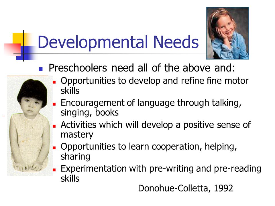 Developmental Needs Preschoolers need all of the above and: