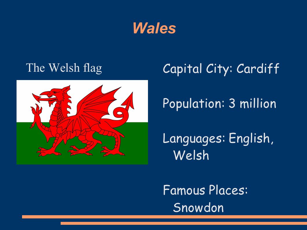 Wales The Welsh flag Capital City: Cardiff Population: 3 million