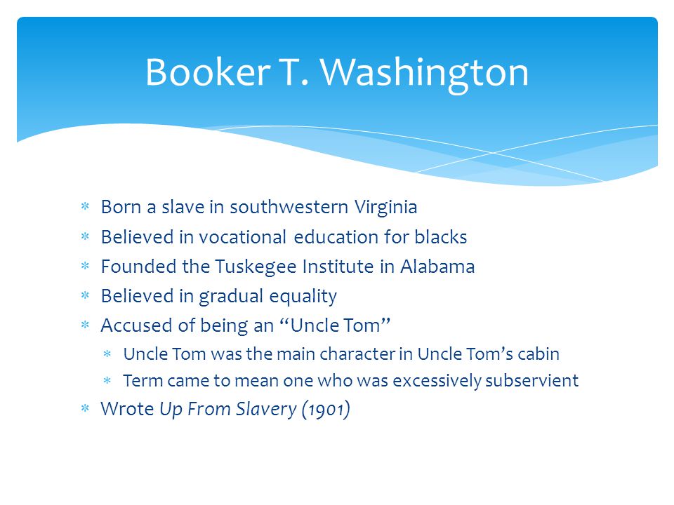 Booker T. Washington Born a slave in southwestern Virginia