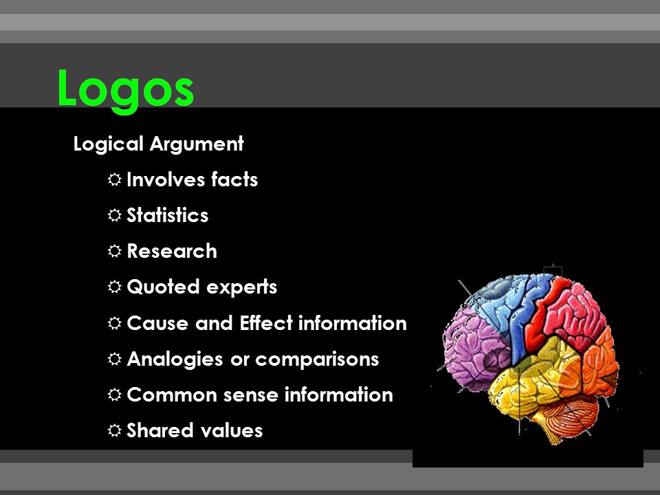 Logos Logical Argument Involves facts Statistics Research