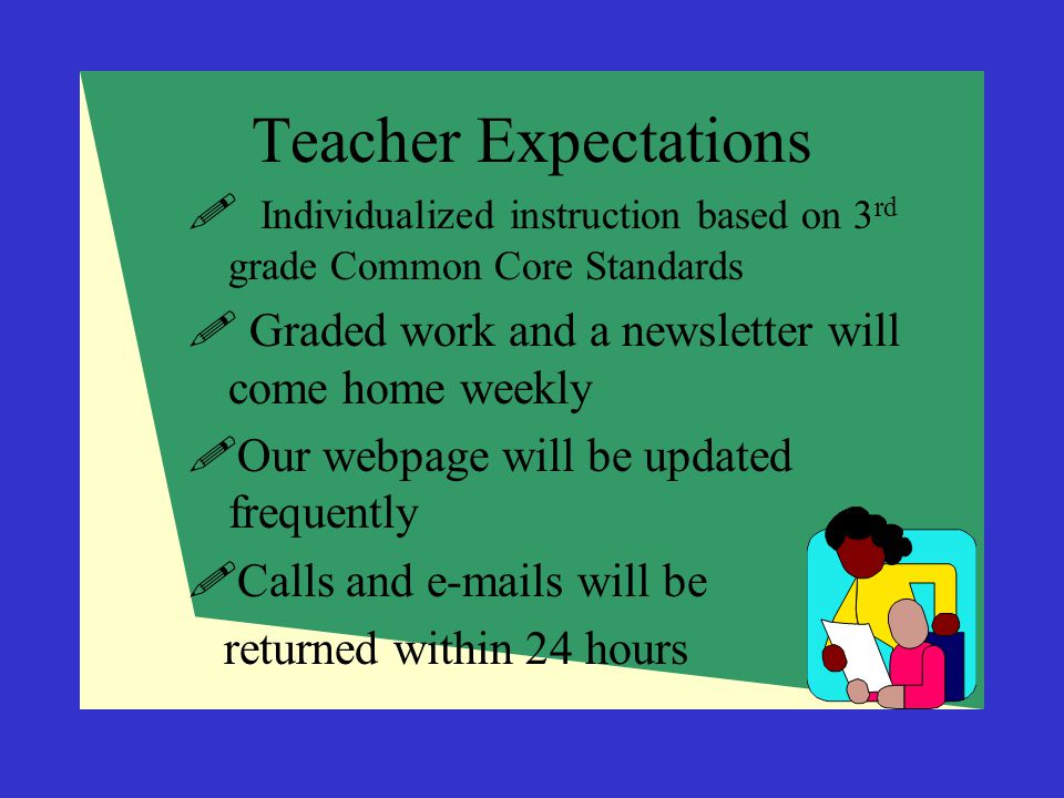 Teacher Expectations Individualized instruction based on 3rd grade Common Core Standards. Graded work and a newsletter will come home weekly.