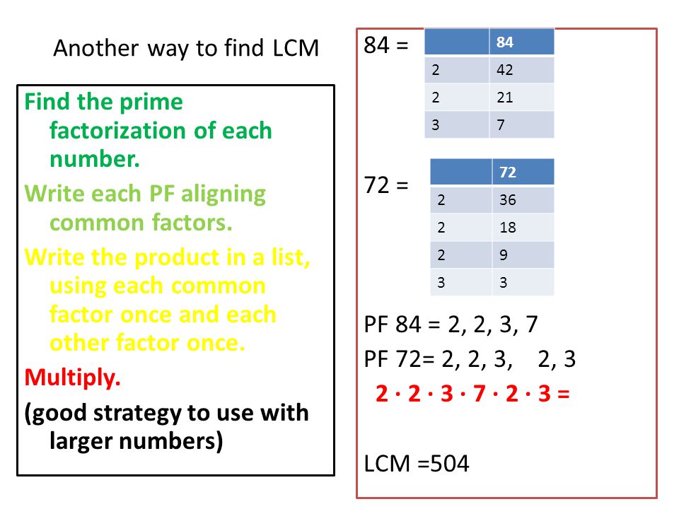 Another way to find LCM 84 = 72 = PF 84 = 2, 2, 3, 7 PF 72= 2, 2, 3, 2, 3 2 · 2 · 3 · 7 · 2 · 3 = LCM =504