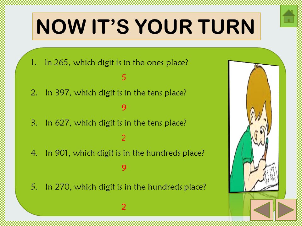 NOW IT’S YOUR TURN In 265, which digit is in the ones place 5