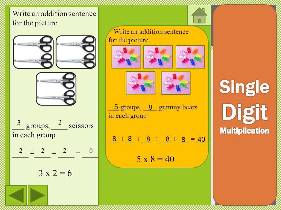 Digit Single 3 x 2 = 6 Multiplication Write an addition sentence