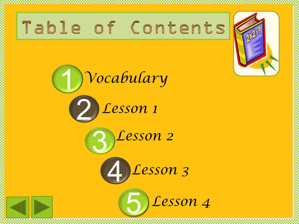 Table of Contents Vocabulary Lesson 1 Lesson 2 Lesson 3