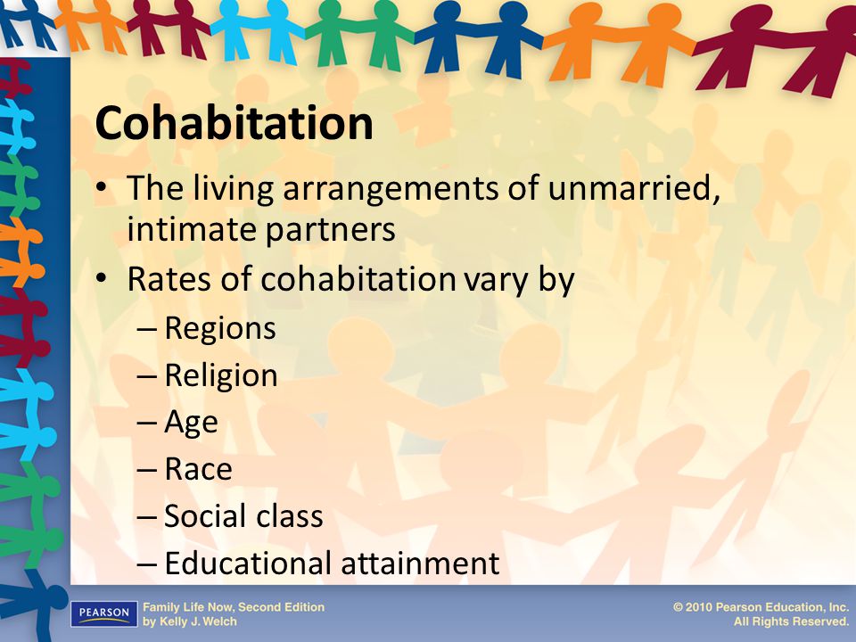 Cohabitation The living arrangements of unmarried, intimate partners