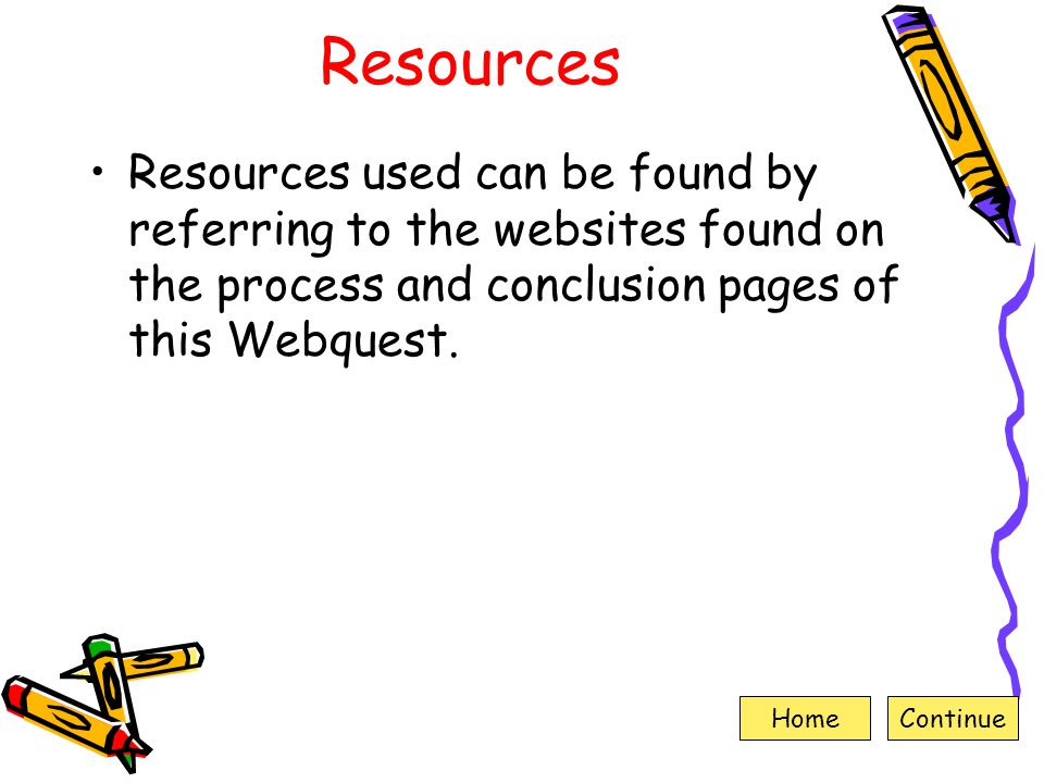 Resources Resources used can be found by referring to the websites found on the process and conclusion pages of this Webquest.