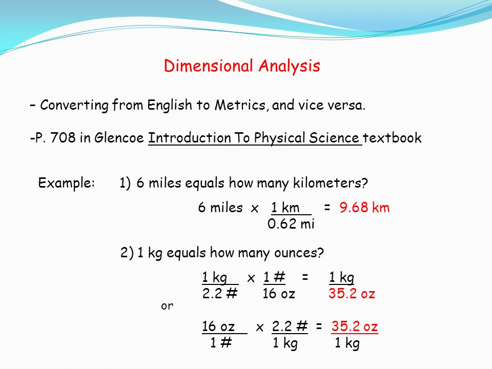 Dimensional Analysis – Converting from English to Metrics, and vice versa. -P. 708 in Glencoe Introduction To Physical Science textbook.
