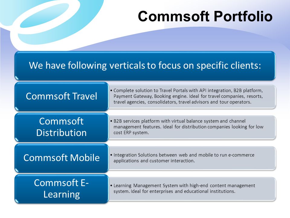 Commsoft Portfolio We have following verticals to focus on specific clients: Commsoft Travel.