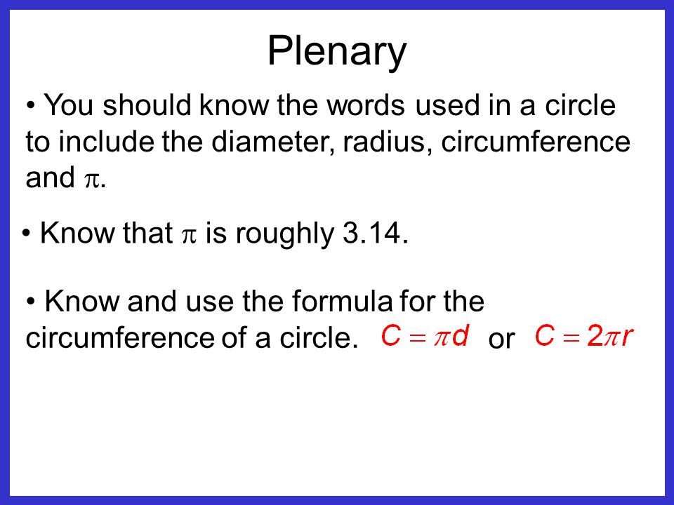 Plenary You should know the words used in a circle to include the diameter, radius, circumference and p.