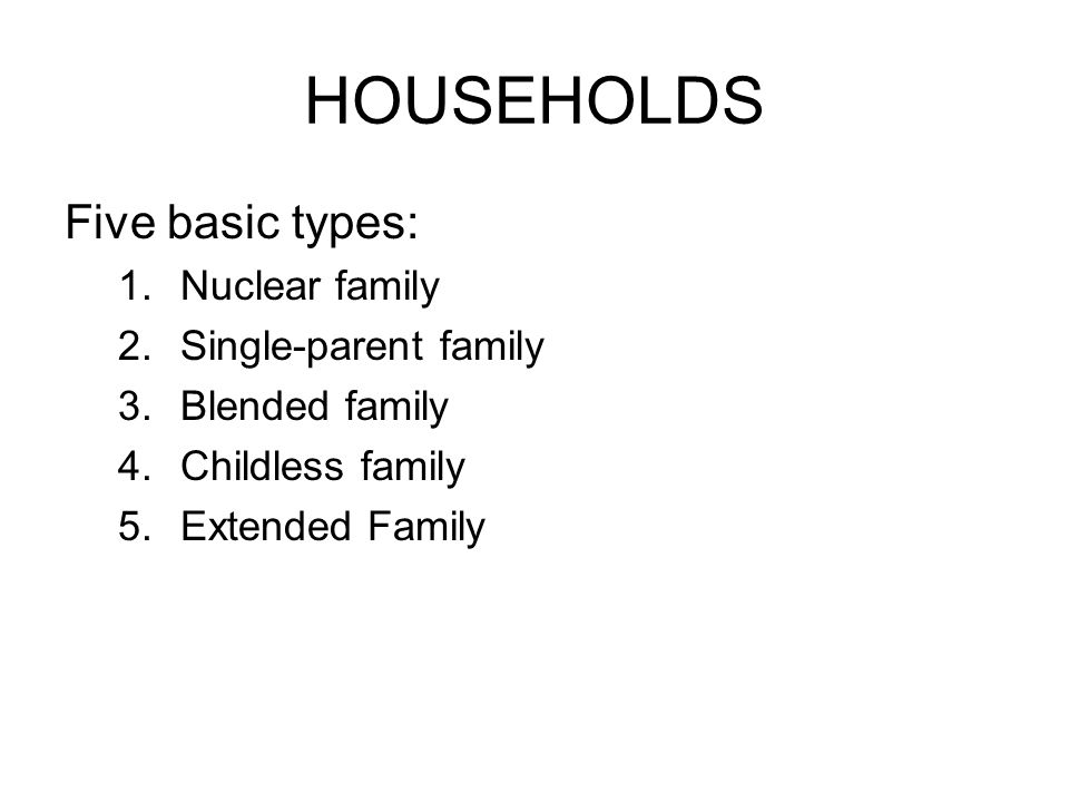 HOUSEHOLDS Five basic types: Nuclear family Single-parent family