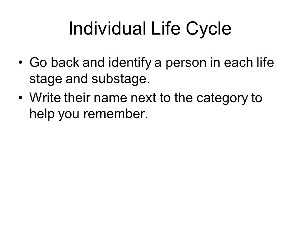 Individual Life Cycle Go back and identify a person in each life stage and substage.