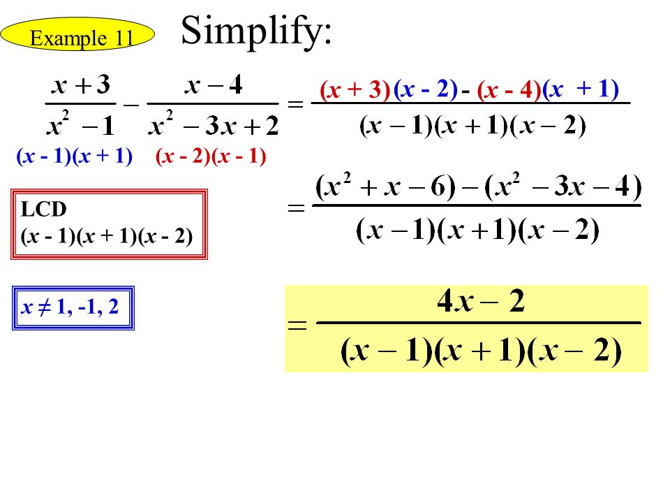 Simplify: (x + 3) (x - 2) - (x - 4) (x + 1) Example 11 (x - 1)(x + 1)