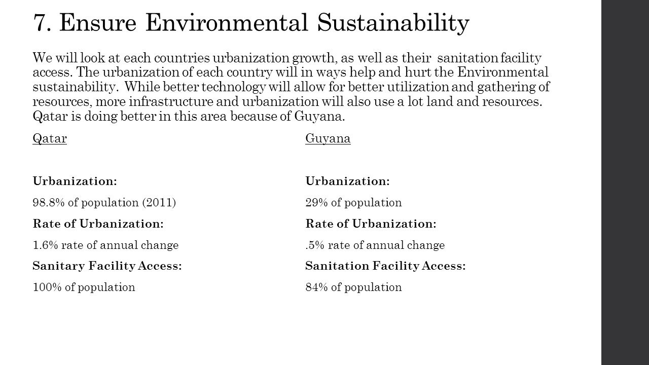 7. Ensure Environmental Sustainability We will look at each countries urbanization growth, as well as their sanitation facility access. The urbanization of each country will in ways help and hurt the Environmental sustainability. While better technology will allow for better utilization and gathering of resources, more infrastructure and urbanization will also use a lot land and resources. Qatar is doing better in this area because of Guyana.