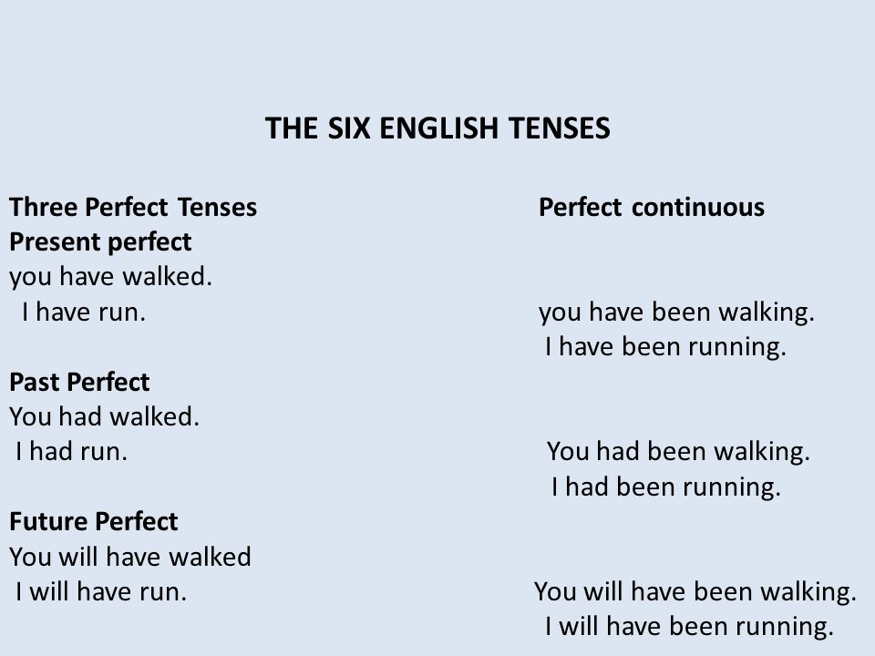 THE SIX ENGLISH TENSES Three Perfect Tenses Perfect continuous