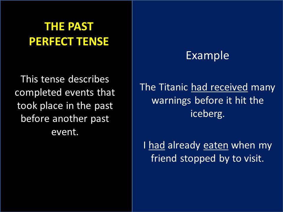 THE PAST PERFECT TENSE Example