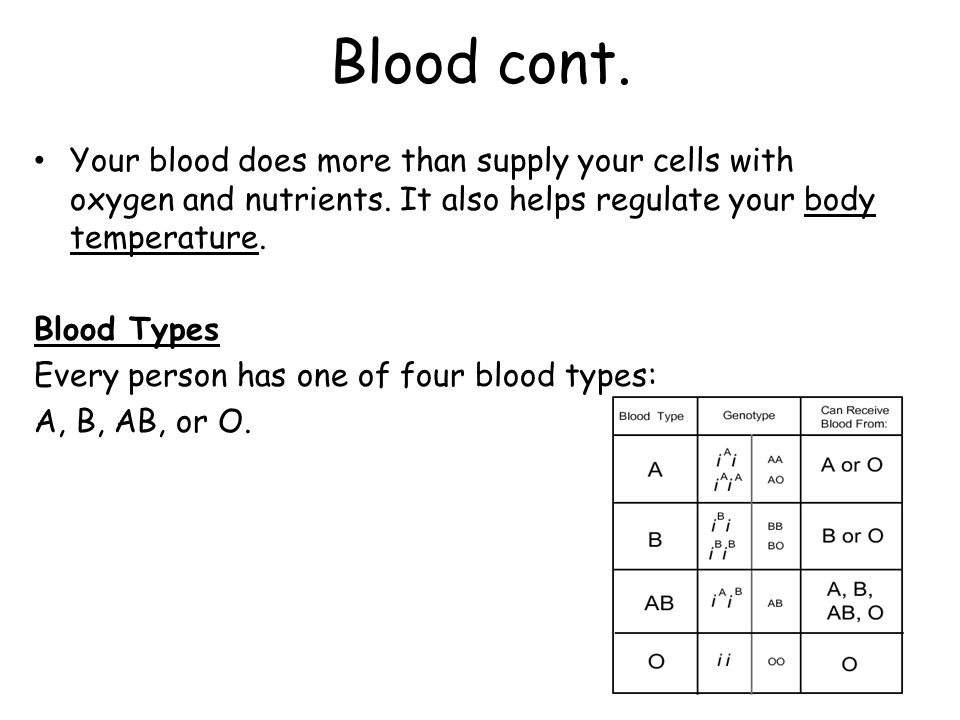 Blood cont. Your blood does more than supply your cells with oxygen and nutrients. It also helps regulate your body temperature.