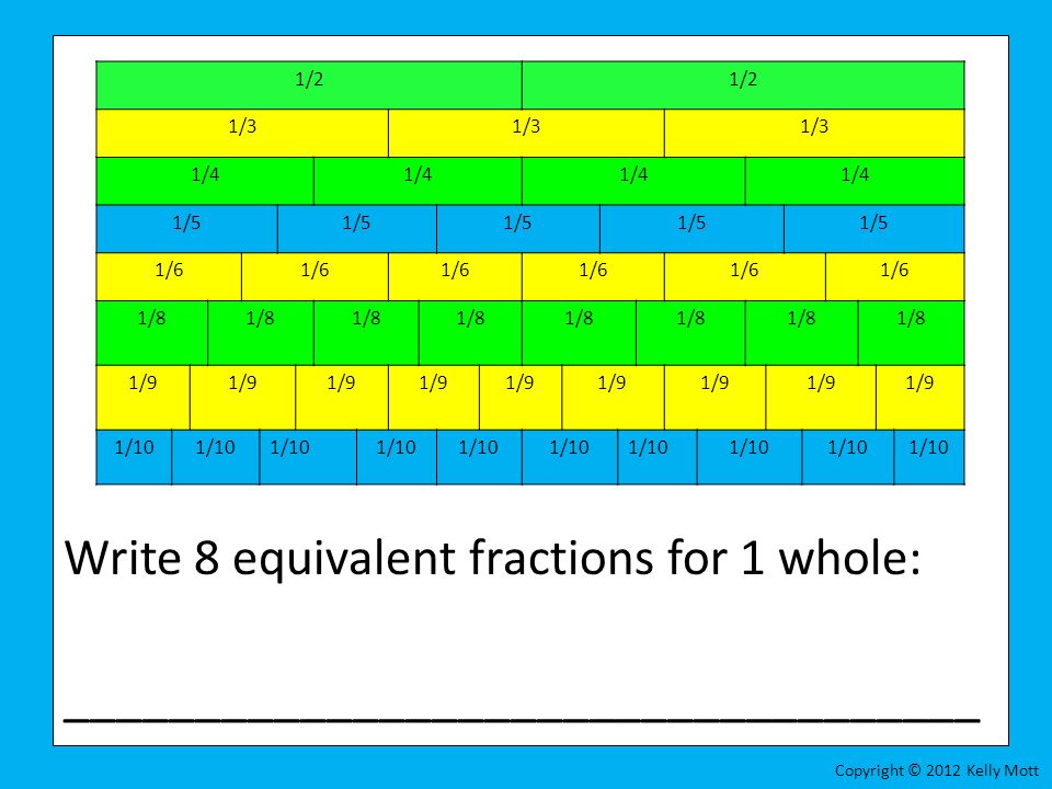 Write 8 equivalent fractions for 1 whole: