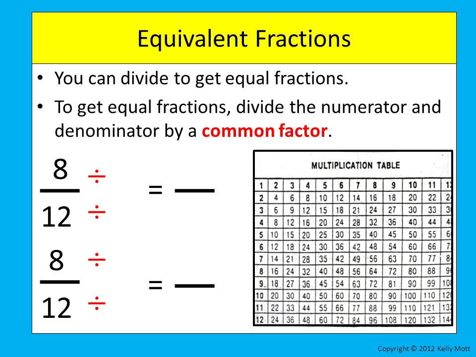 8 ÷ = ÷ 12 8 ÷ = ÷ 12 Equivalent Fractions