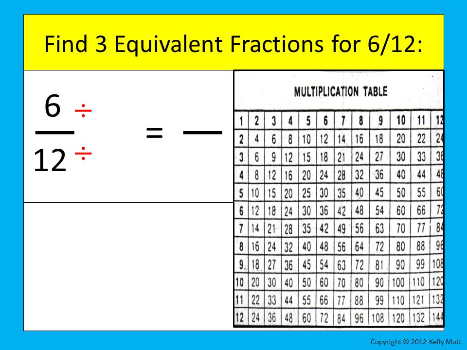 Find 3 Equivalent Fractions for 6/12: