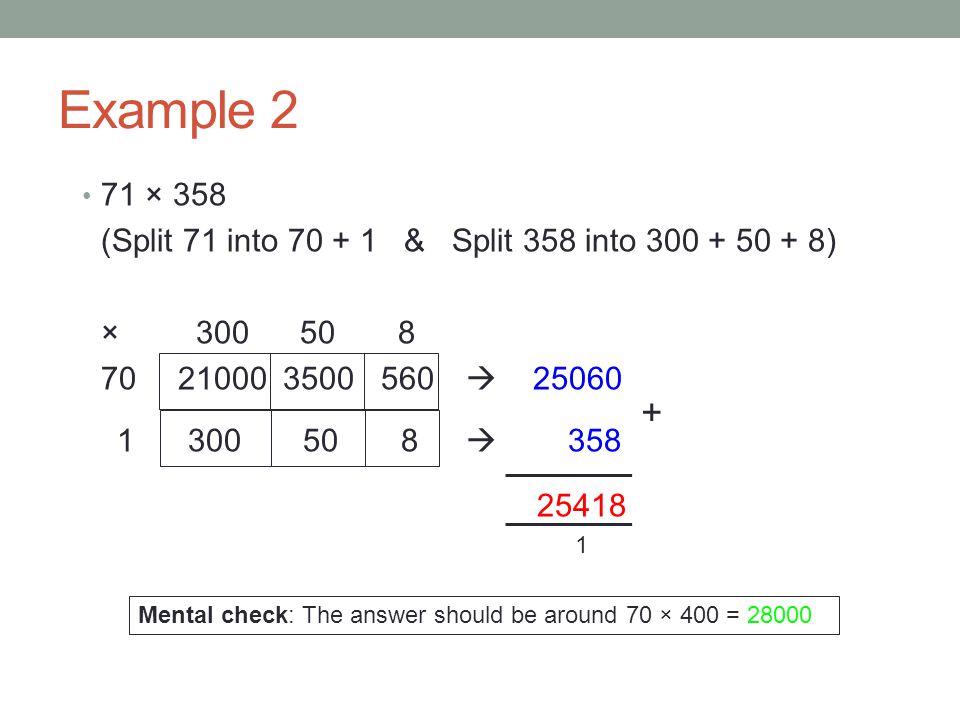 Example 2 71 × 358. (Split 71 into & Split 358 into ) ×