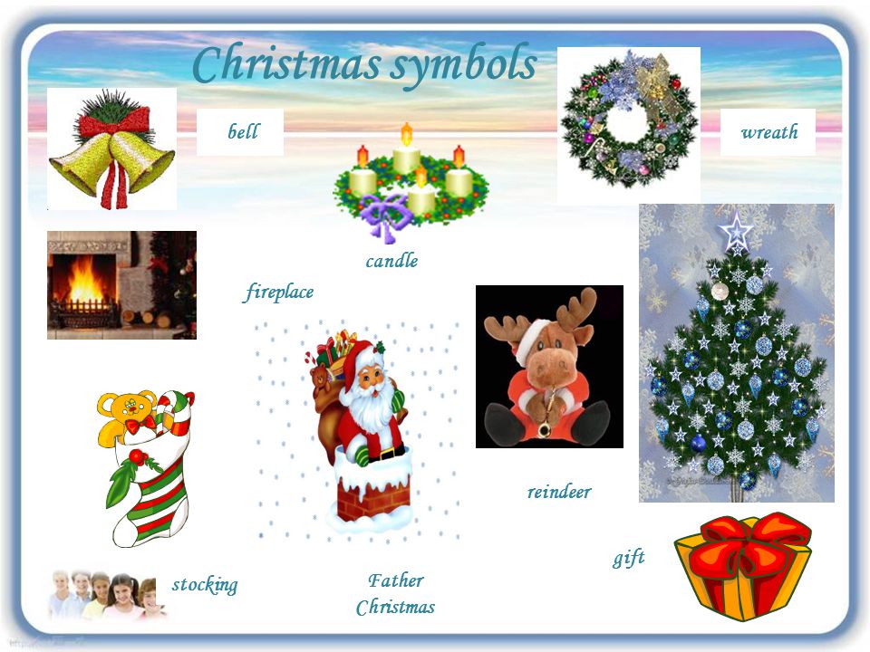 Christmas symbols bell wreath candle fireplace reindeer gift stocking