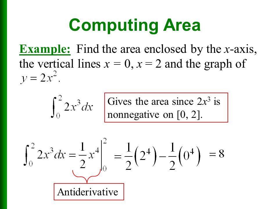 Computing Area Example: Find the area enclosed by the x-axis, the vertical lines x = 0, x = 2 and the graph of.