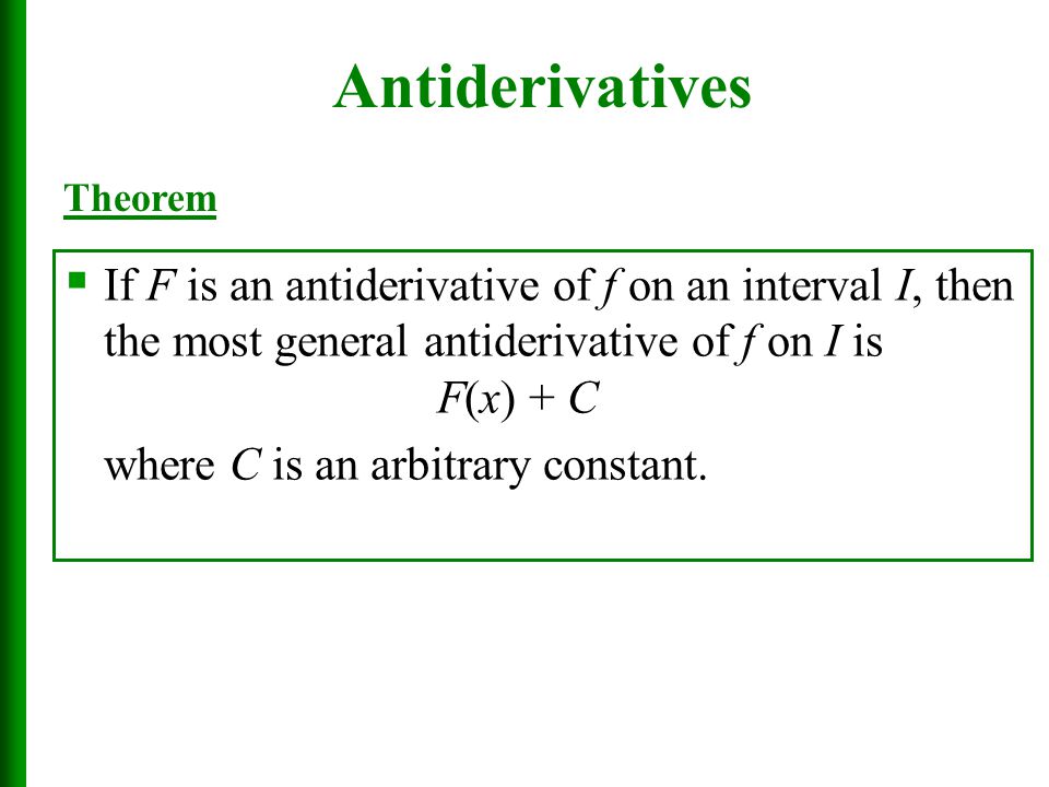 Antiderivatives Theorem. If F is an antiderivative of f on an interval I, then the most general antiderivative of f on I is F(x) + C.