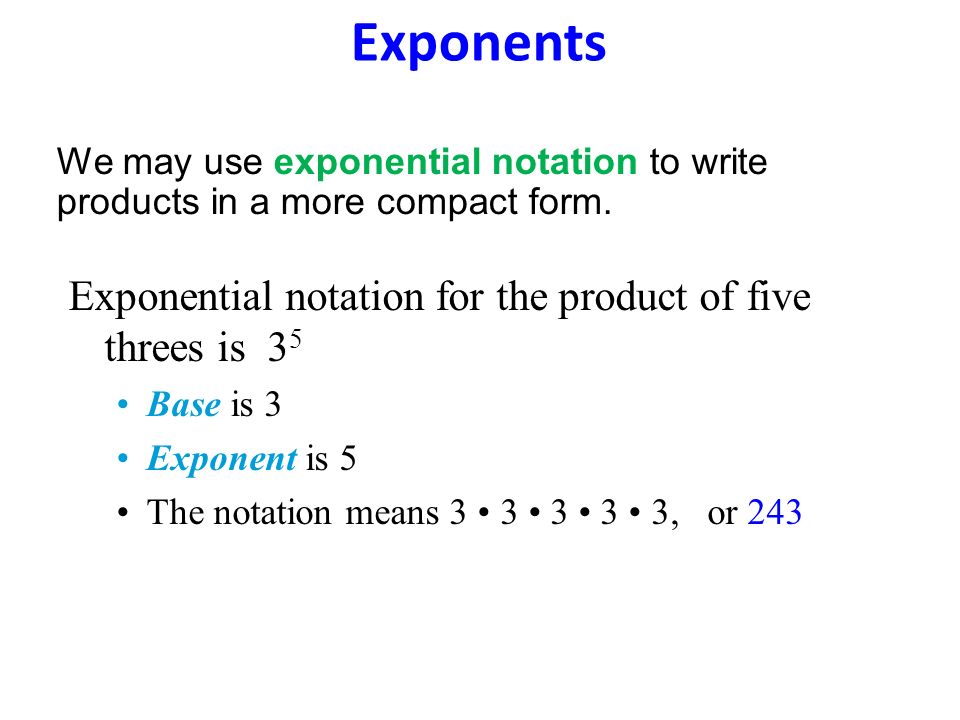 Exponents Exponential notation for the product of five threes is 35