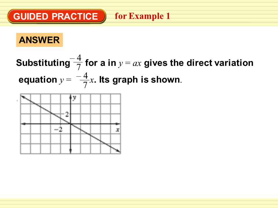 GUIDED PRACTICE for Example 1. ANSWER. Substituting for a in y = ax gives the direct variation.
