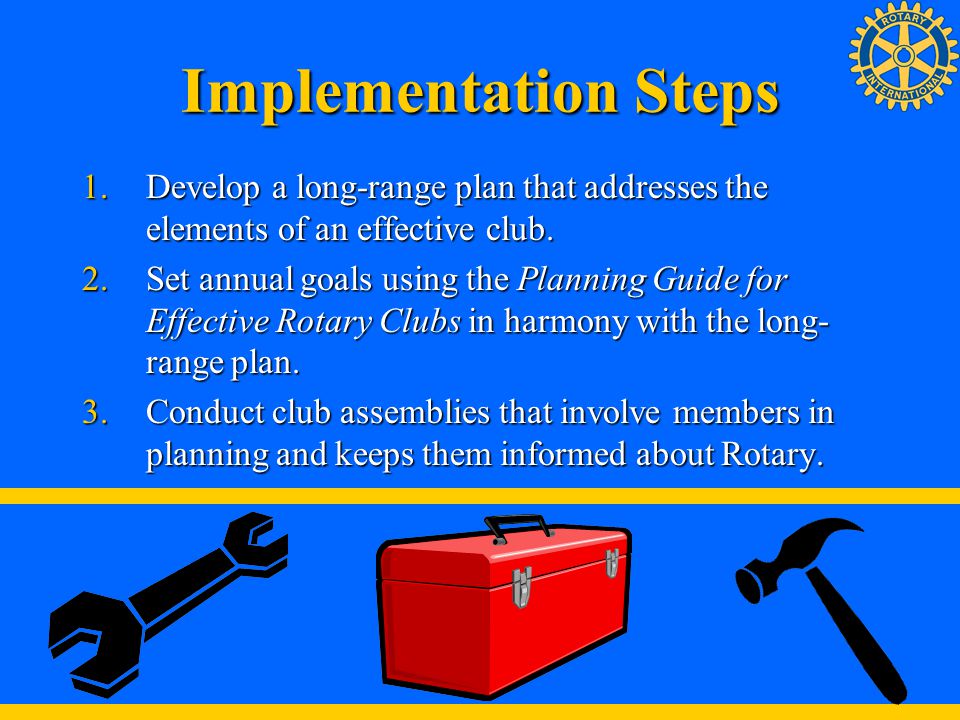 Implementation Steps Develop a long-range plan that addresses the elements of an effective club.