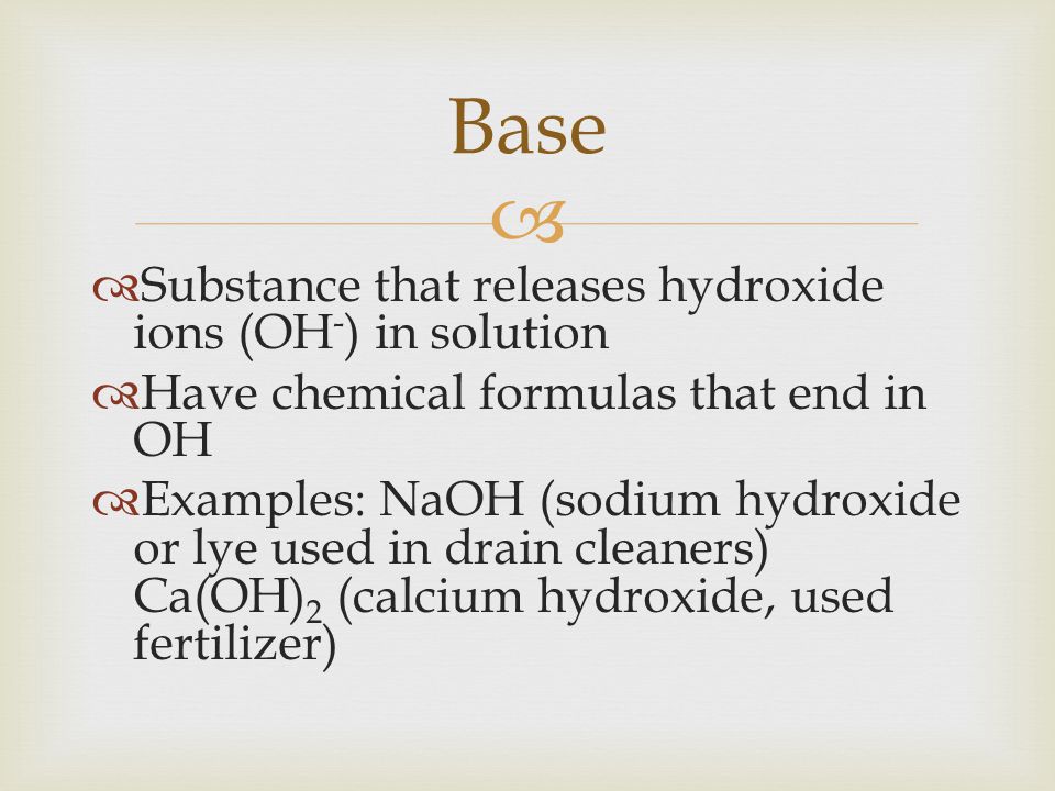 Base Substance that releases hydroxide ions (OH-) in solution