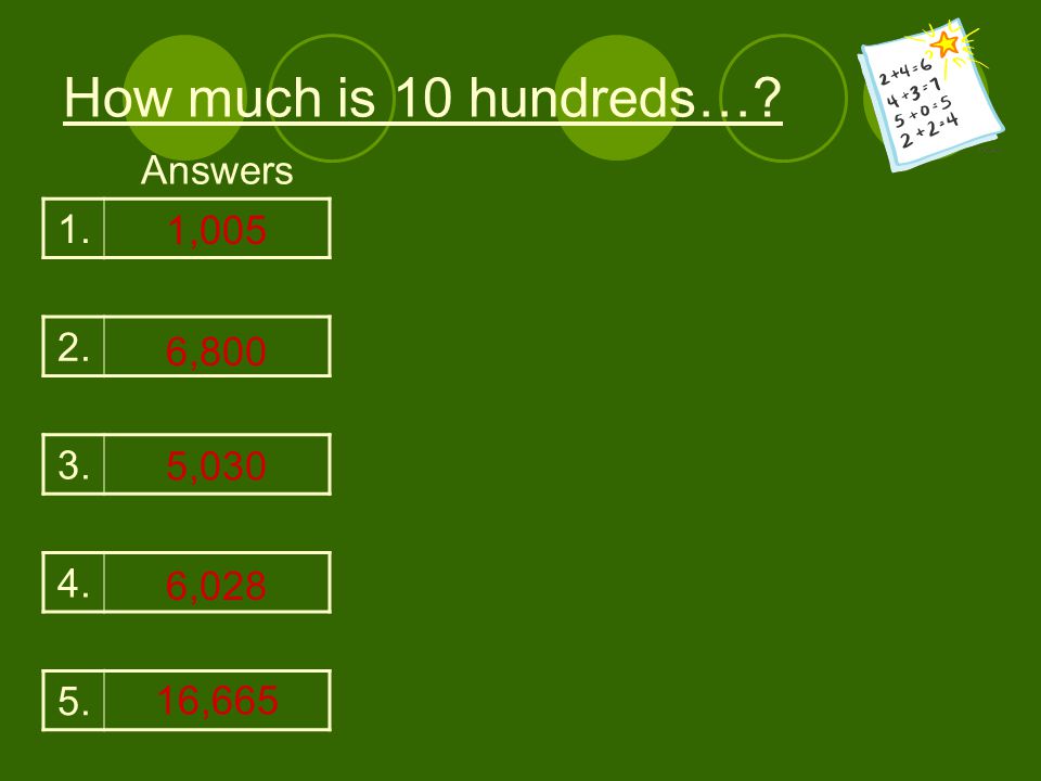 How much is 10 hundreds… Answers , , ,030