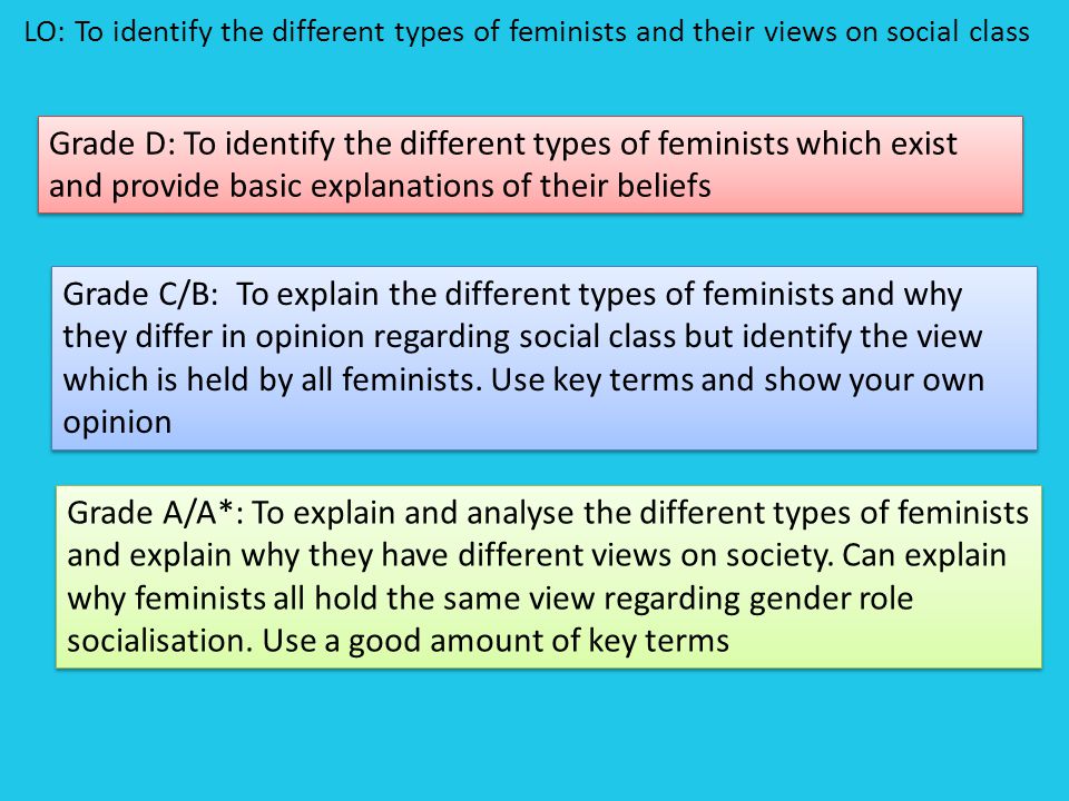 LO: To identify the different types of feminists and their views on social class