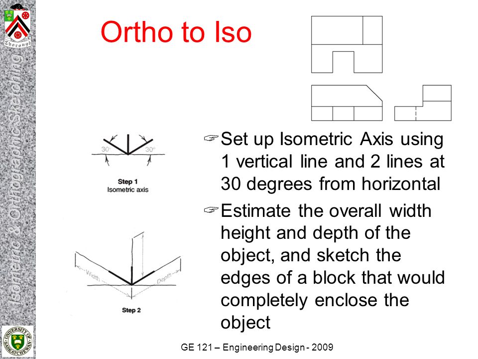Ortho to Iso Set up Isometric Axis using 1 vertical line and 2 lines at 30 degrees from horizontal.