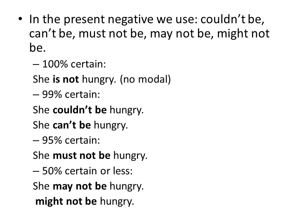 In the present negative we use: couldn’t be, can’t be, must not be, may not be, might not be.