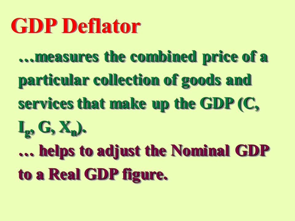 GDP Deflator …measures the combined price of a particular collection of goods and services that make up the GDP (C, Ig, G, Xn).