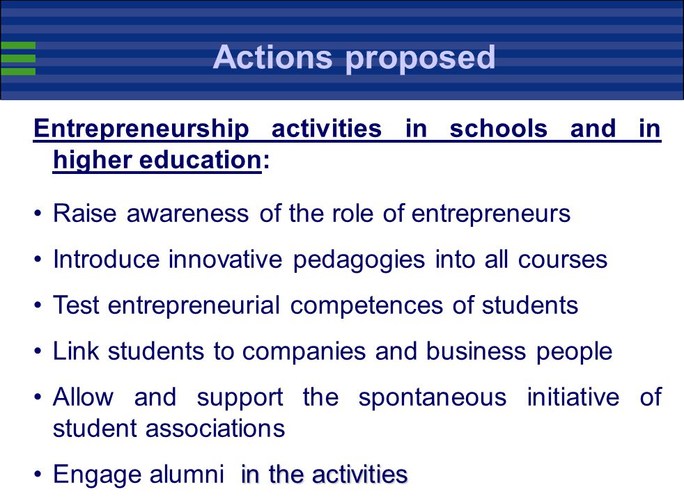 Actions proposed Entrepreneurship activities in schools and in higher education: Raise awareness of the role of entrepreneurs.