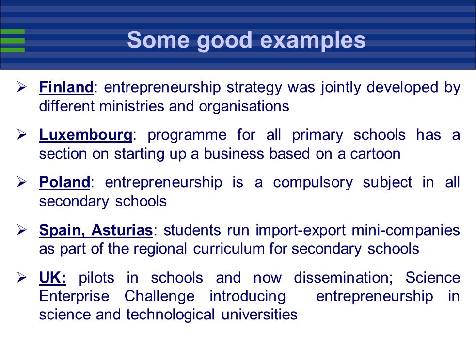 Some good examples Finland: entrepreneurship strategy was jointly developed by different ministries and organisations.