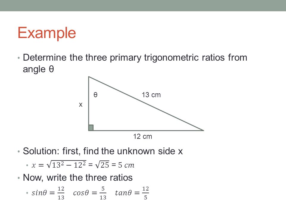 Example Determine the three primary trigonometric ratios from angle θ