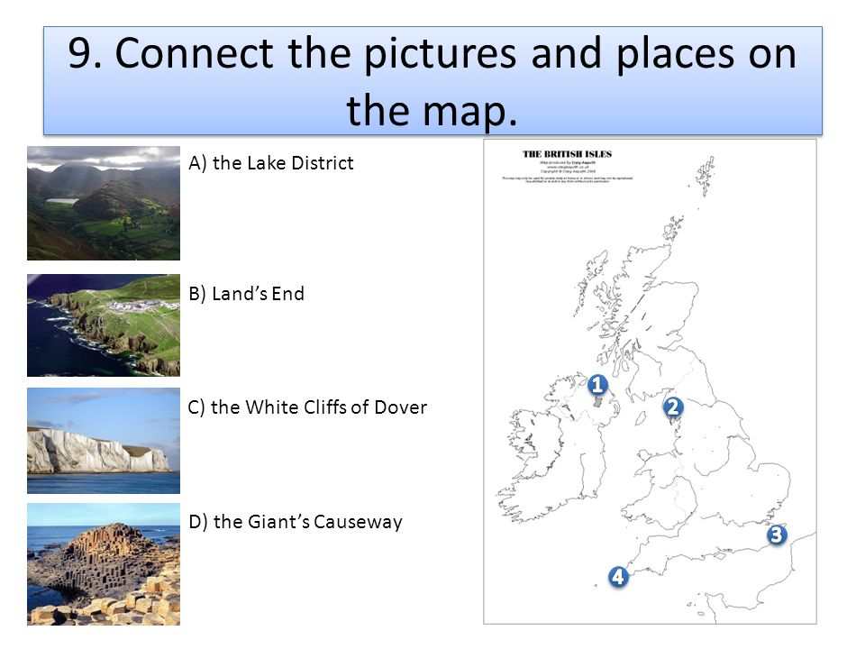 9. Connect the pictures and places on the map.