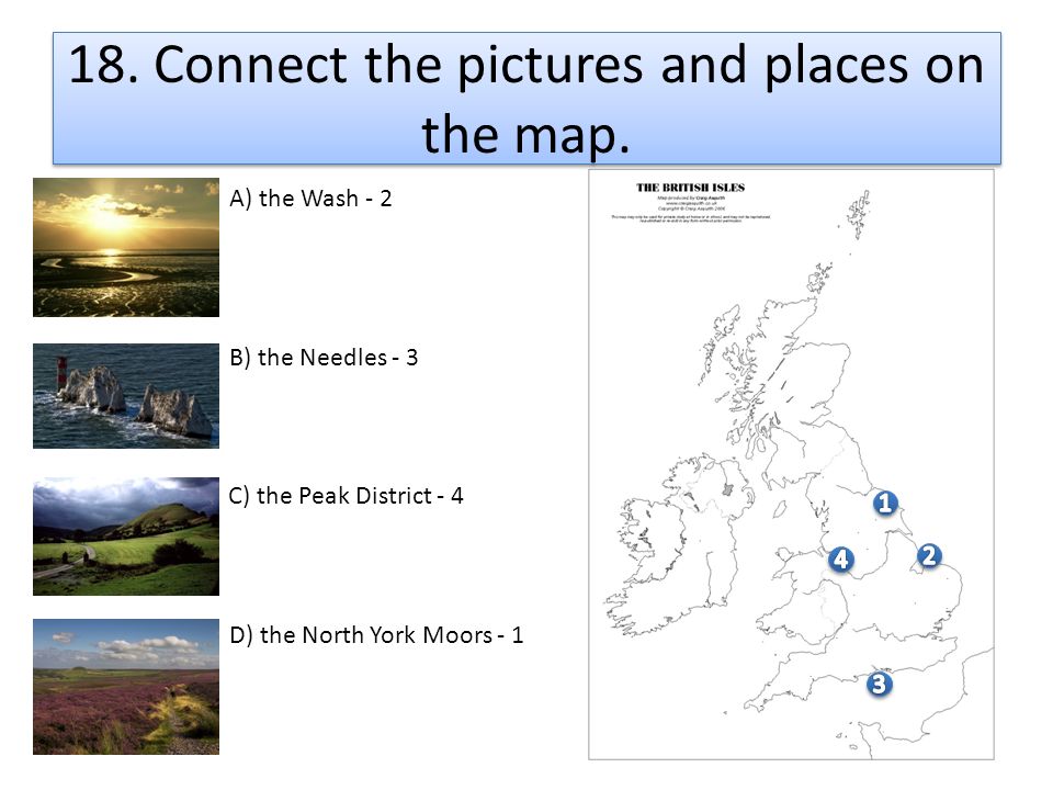 18. Connect the pictures and places on the map.